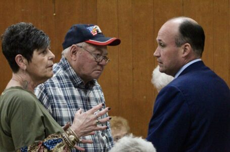 From left: Sinclairville 76ers members Patti France and President Dick Smith, spoke with U.S. Congressman Nick Langworthy, right, at a Thanksgiving luncheon at the Sinclairville Fire Hall on Monday. P-J photos by Braden Carmen